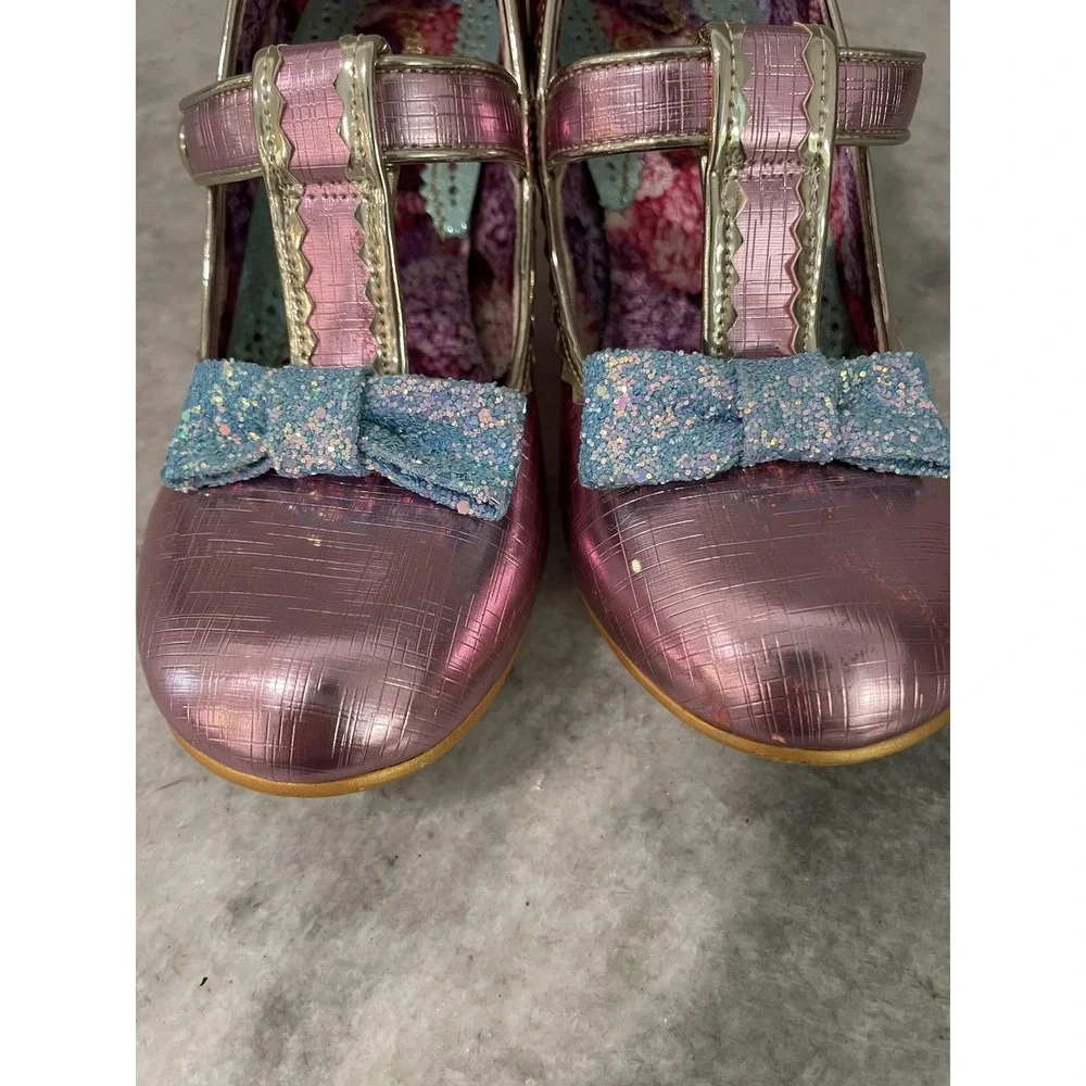 Irregular Choice Pink Purple Shimmer Mary Jane Heels with Blue Glitter Bows